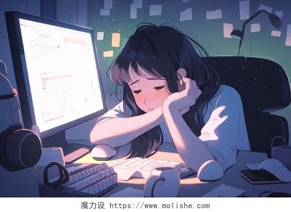 一位职场女性在电脑前疲惫工作场景人物插画招聘职场办公商务白领压力大